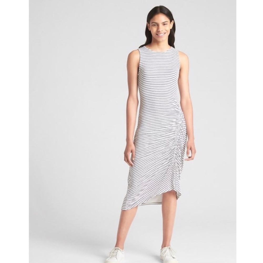 GAP Sleeveless Stripped Ruched Midi Dress